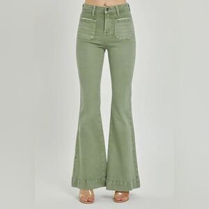 Risen Women High Waisted Stylish Olive Flare Jeans sz 7